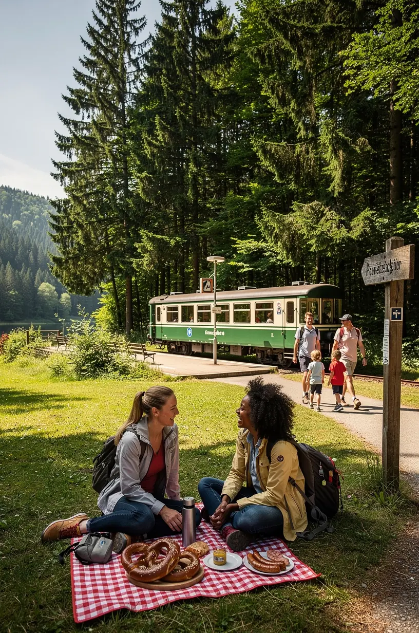 Ansicht eines Informationsschildes mit saisonalen Hinweisen und Zugangsdetails zu einem barrierefreien Wandergebiet in Deutschland.